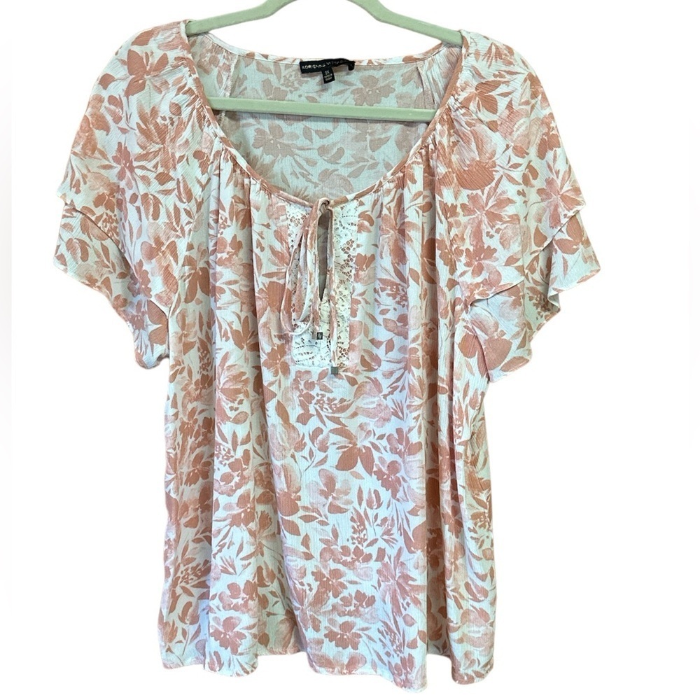 Adrienne Vittadini Peach/White Floral Cropped Boxy Flutter Sleeve Boho Rayon 2X